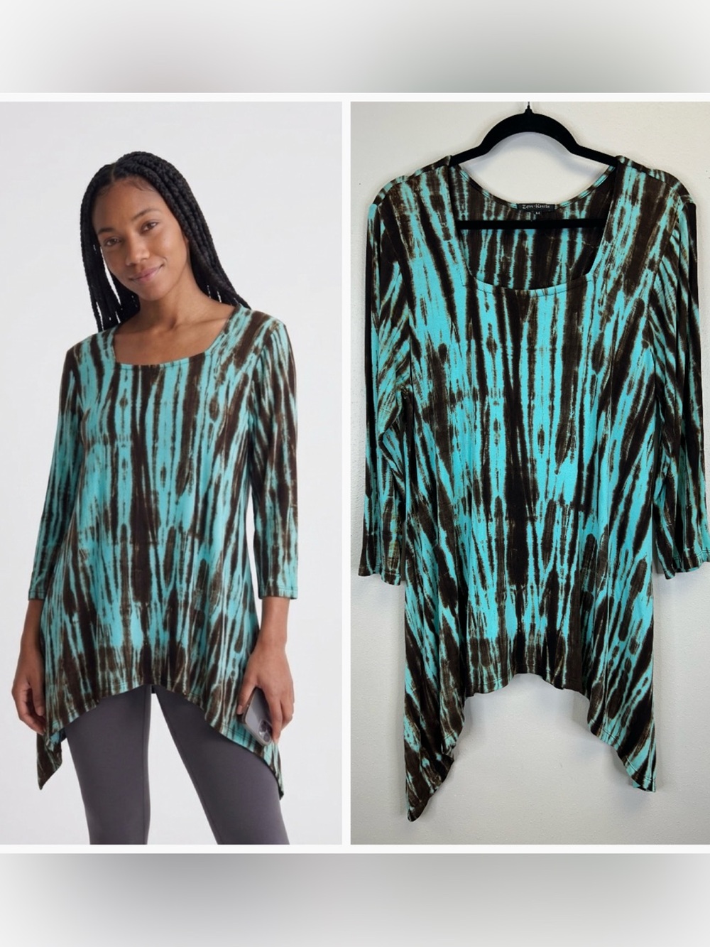 Tie Dye Tunic Top Size M Sharkbite Hemline Hippie Boho Festival Flowy 3/4 Sleeve